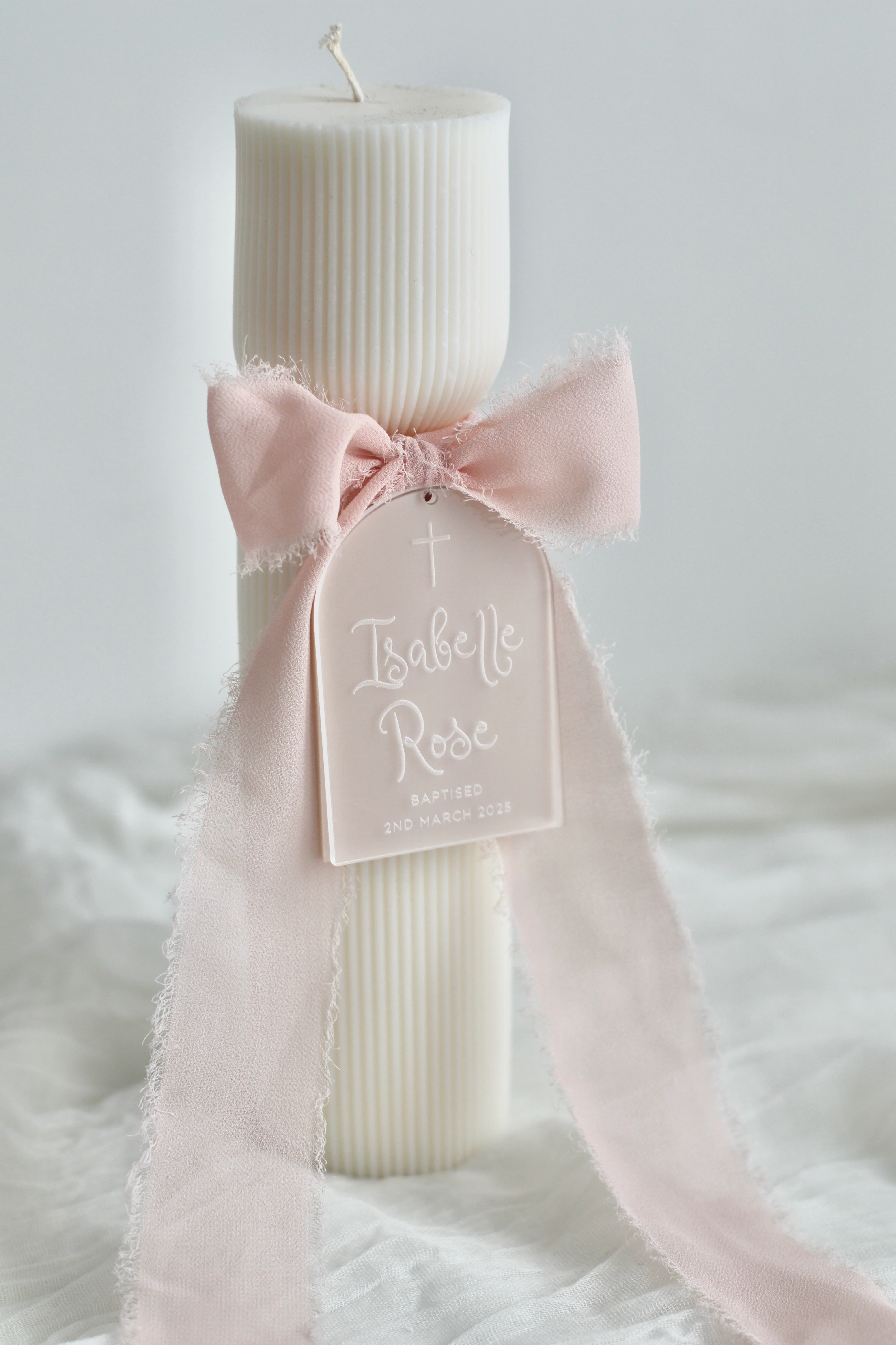 Hourglass Ribbed Baptism Candle w/ Acrylic Plaque - Image 2