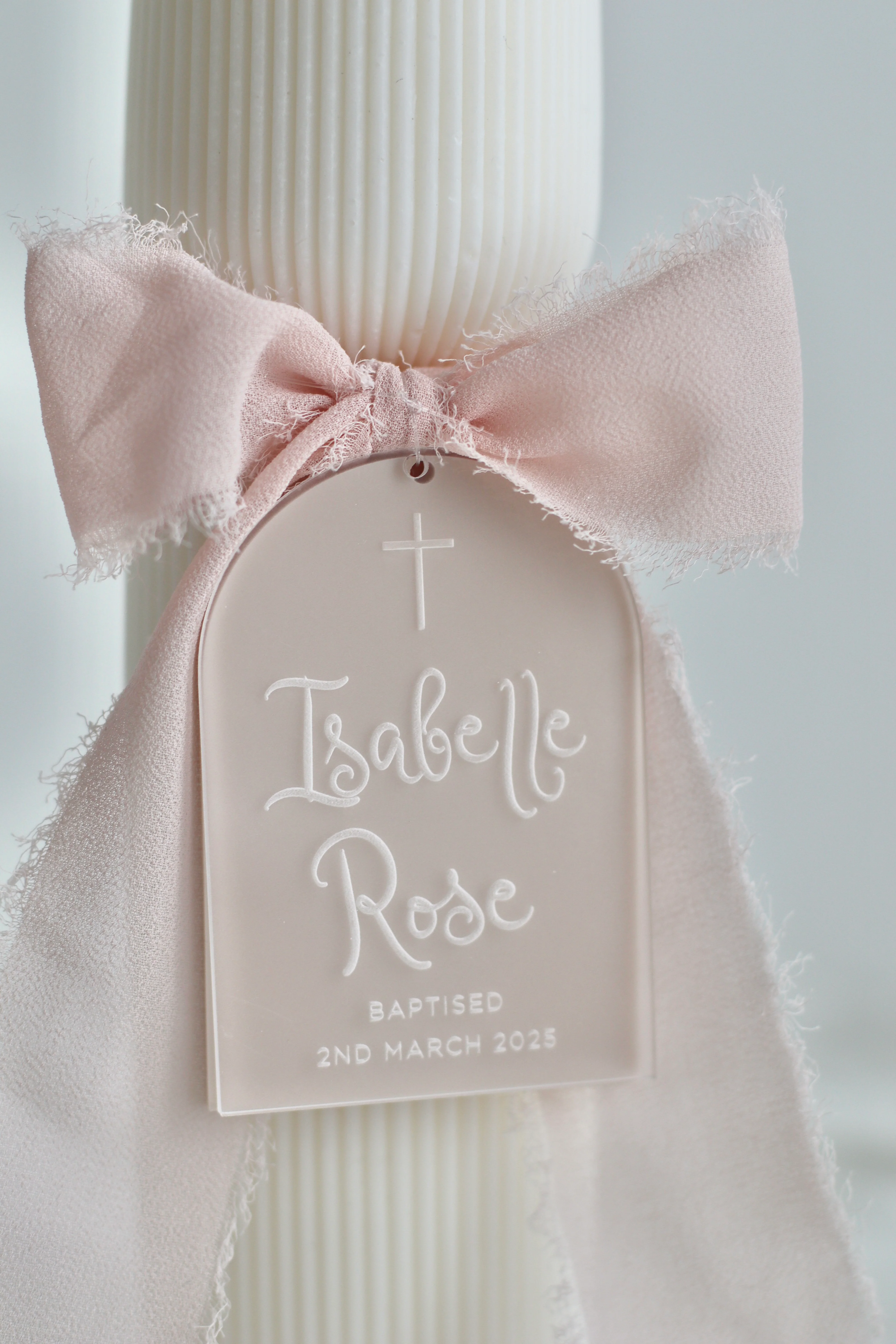 Hourglass Ribbed Baptism Candle w/ Acrylic Plaque - Image 3