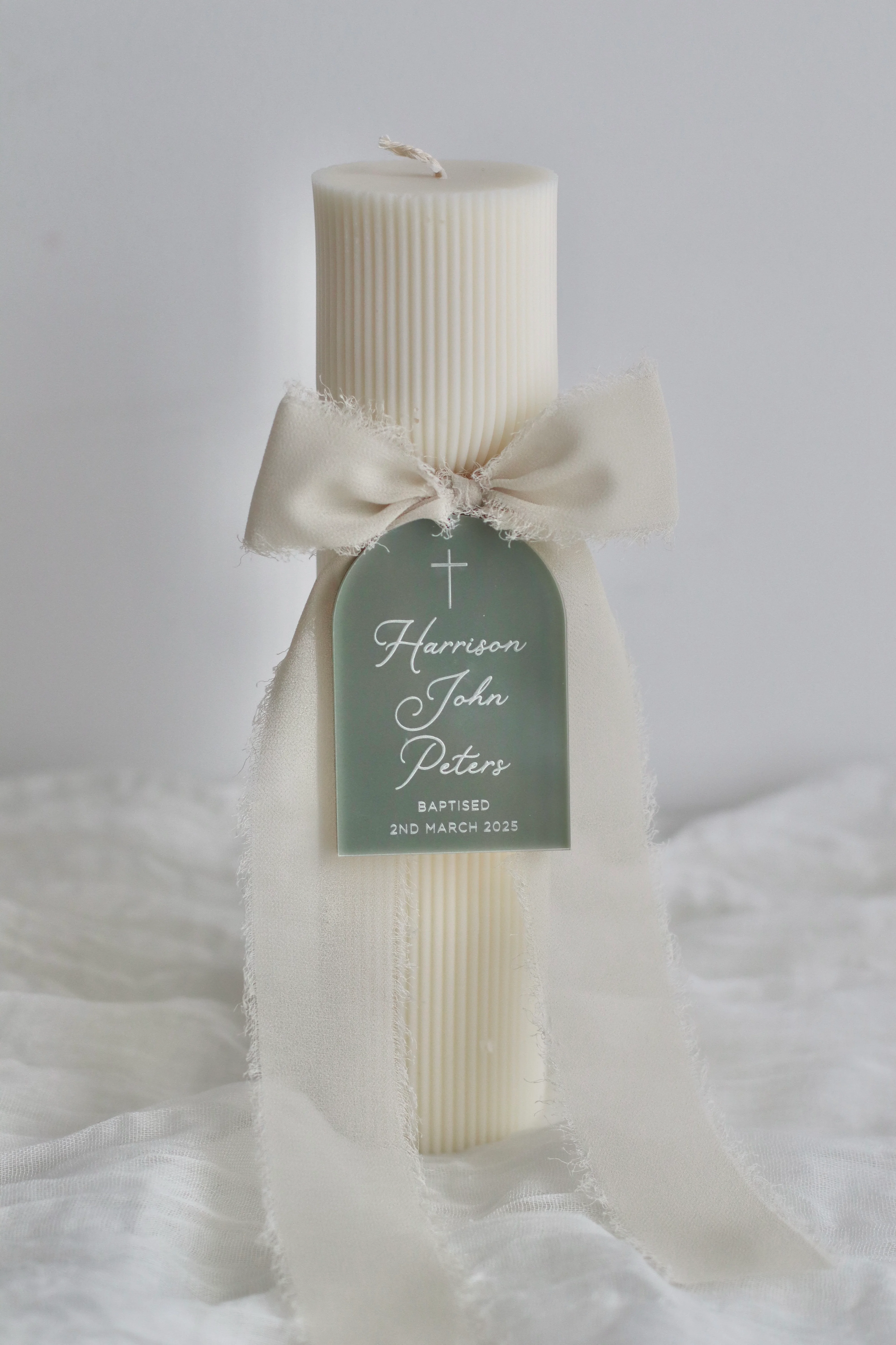 Hourglass Ribbed Baptism Candle w/ Acrylic Plaque - Image 4
