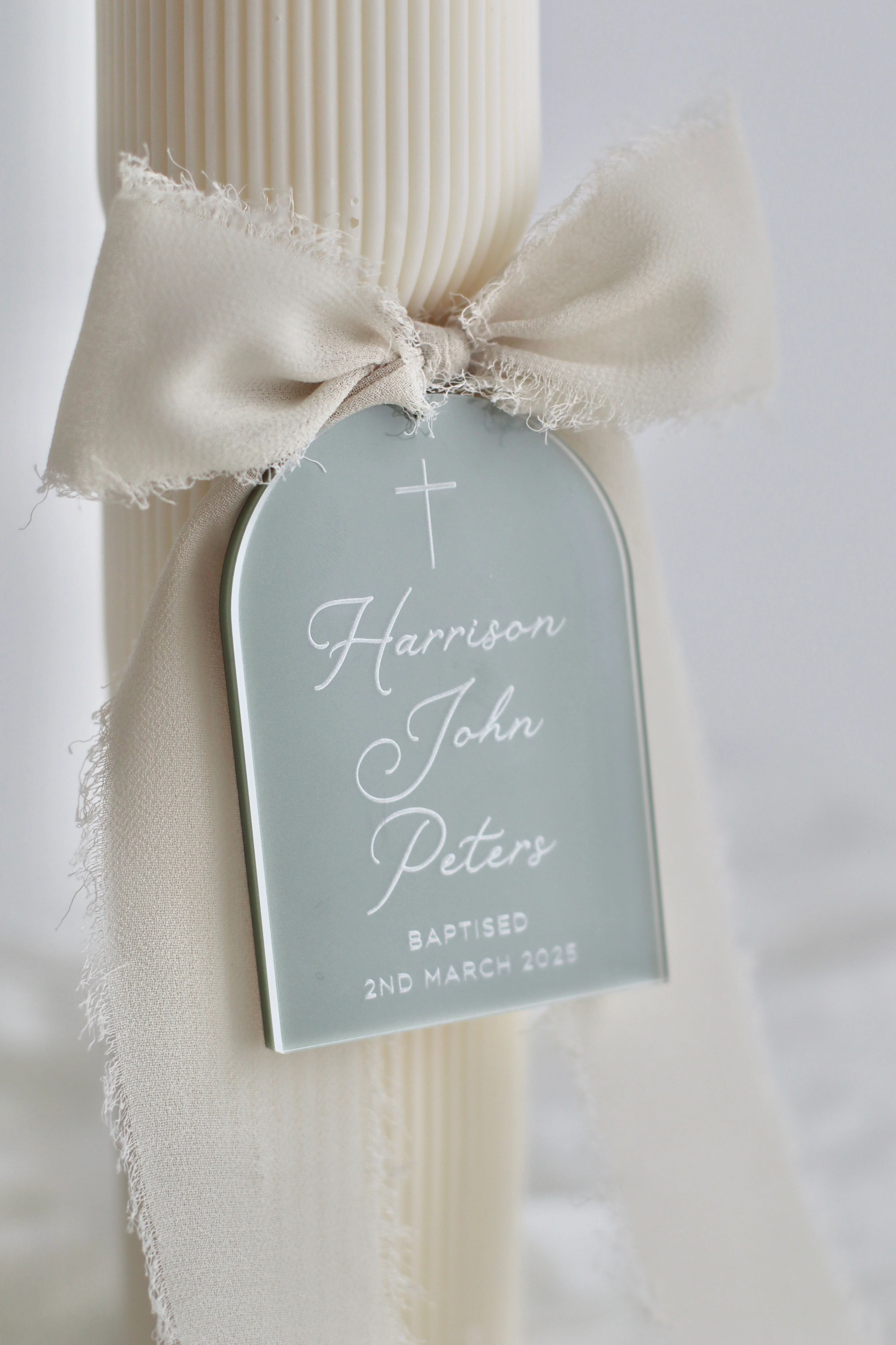 Hourglass Ribbed Baptism Candle w/ Acrylic Plaque - Image 5