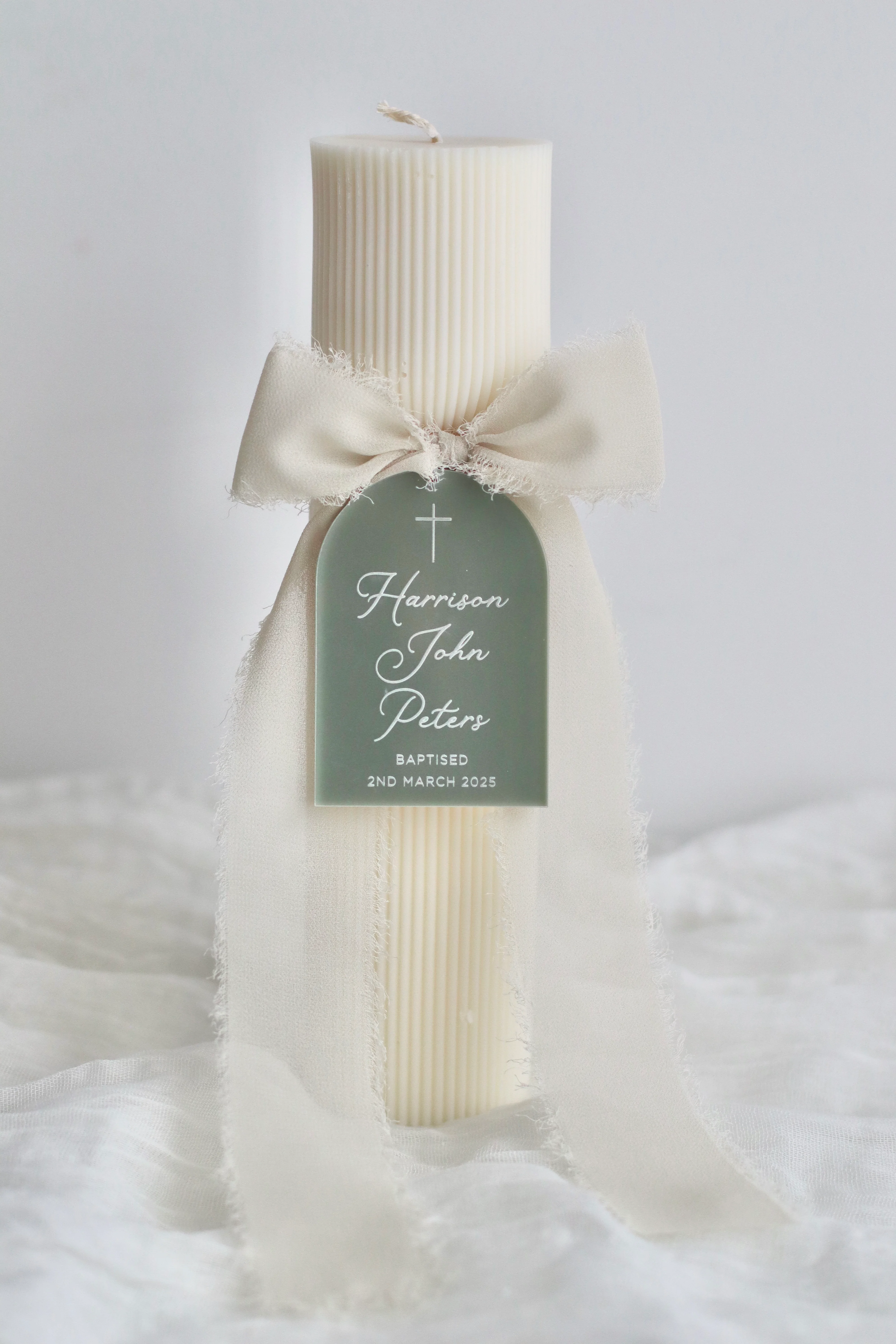 Hourglass Ribbed Baptism Candle w/ Acrylic Plaque - Image 6