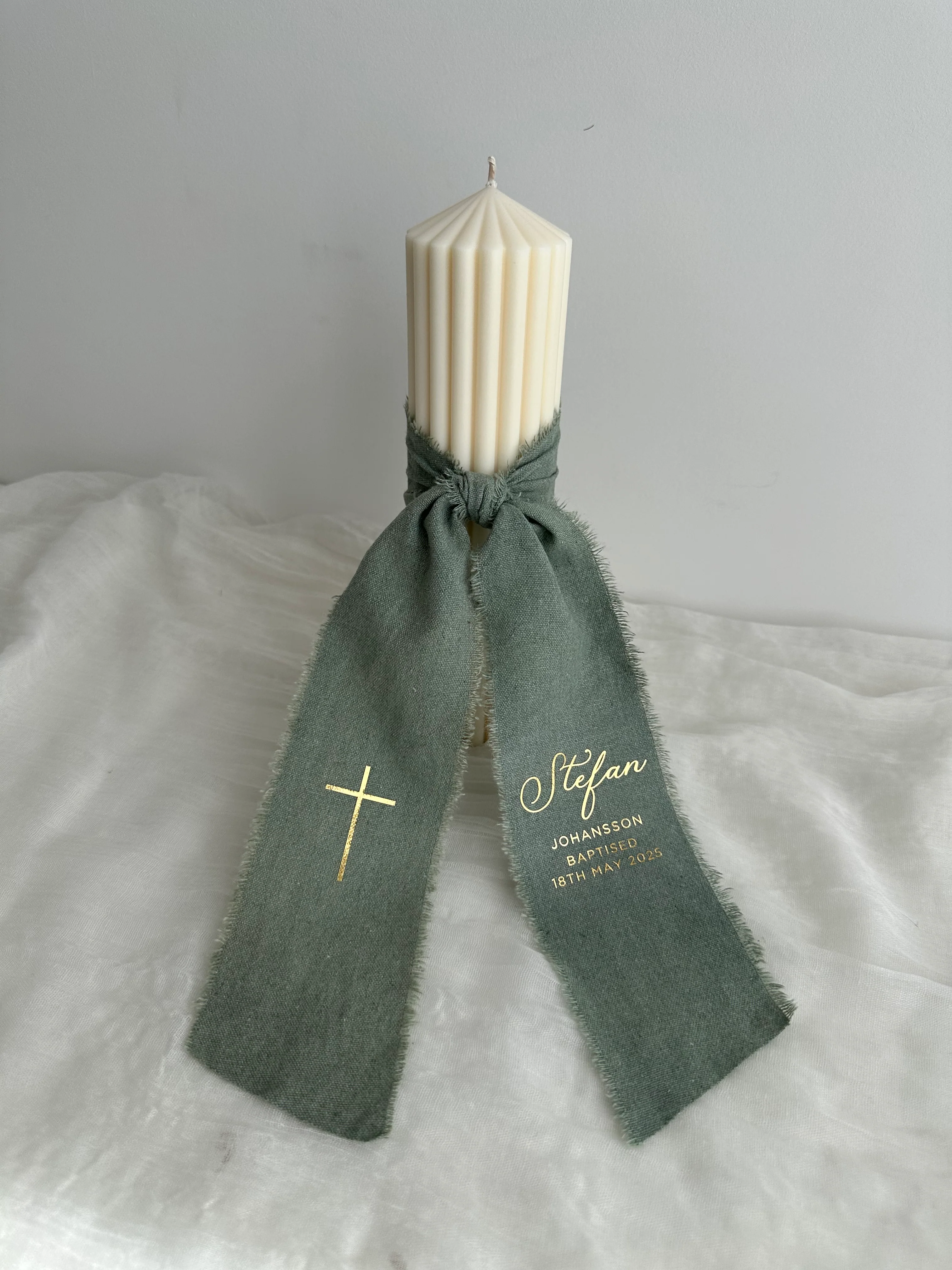 Ribbed Baptism Candle w/ Linen Printed Ribbon - Image 2