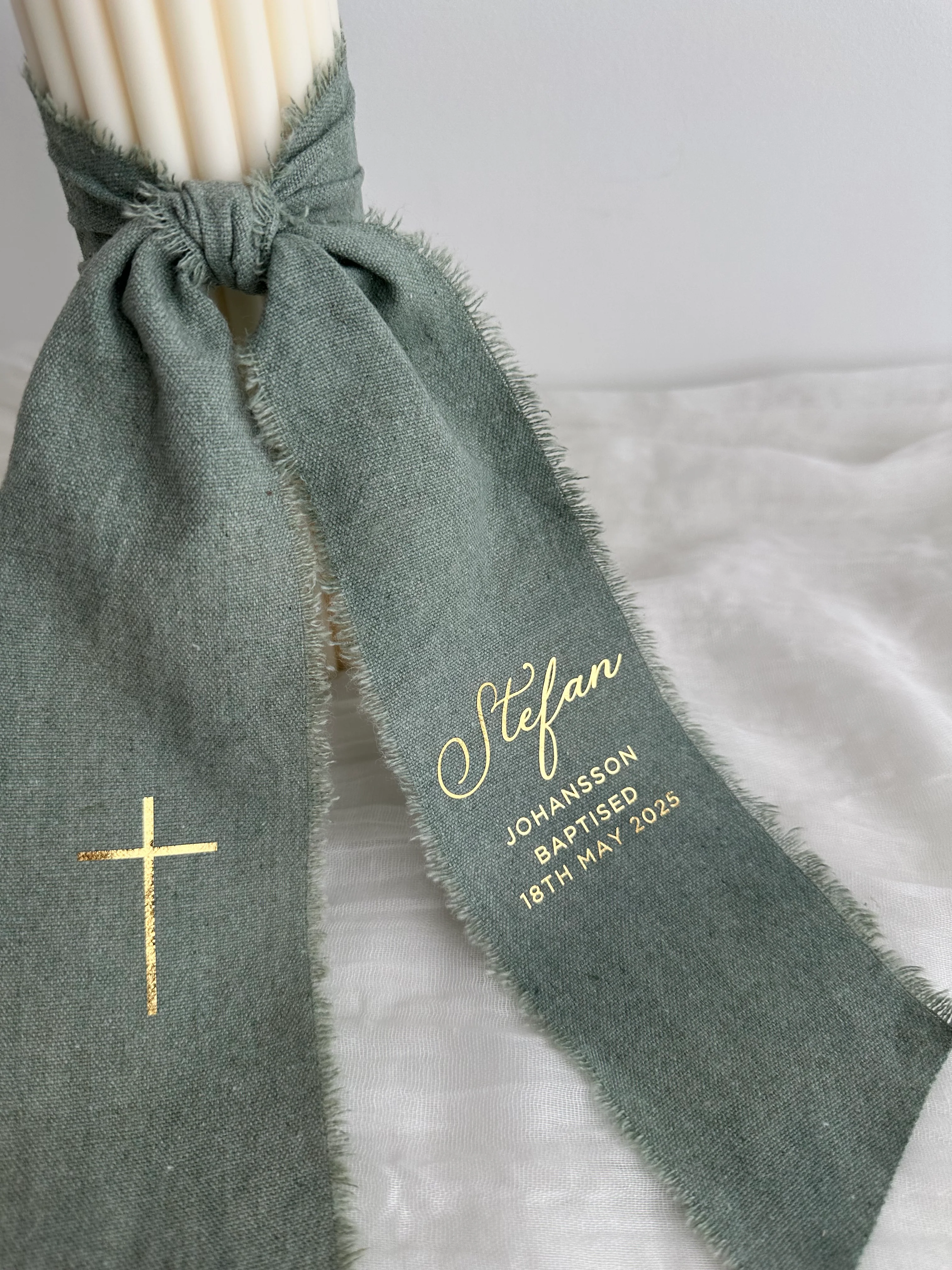 Ribbed Baptism Candle w/ Linen Printed Ribbon - Image 3