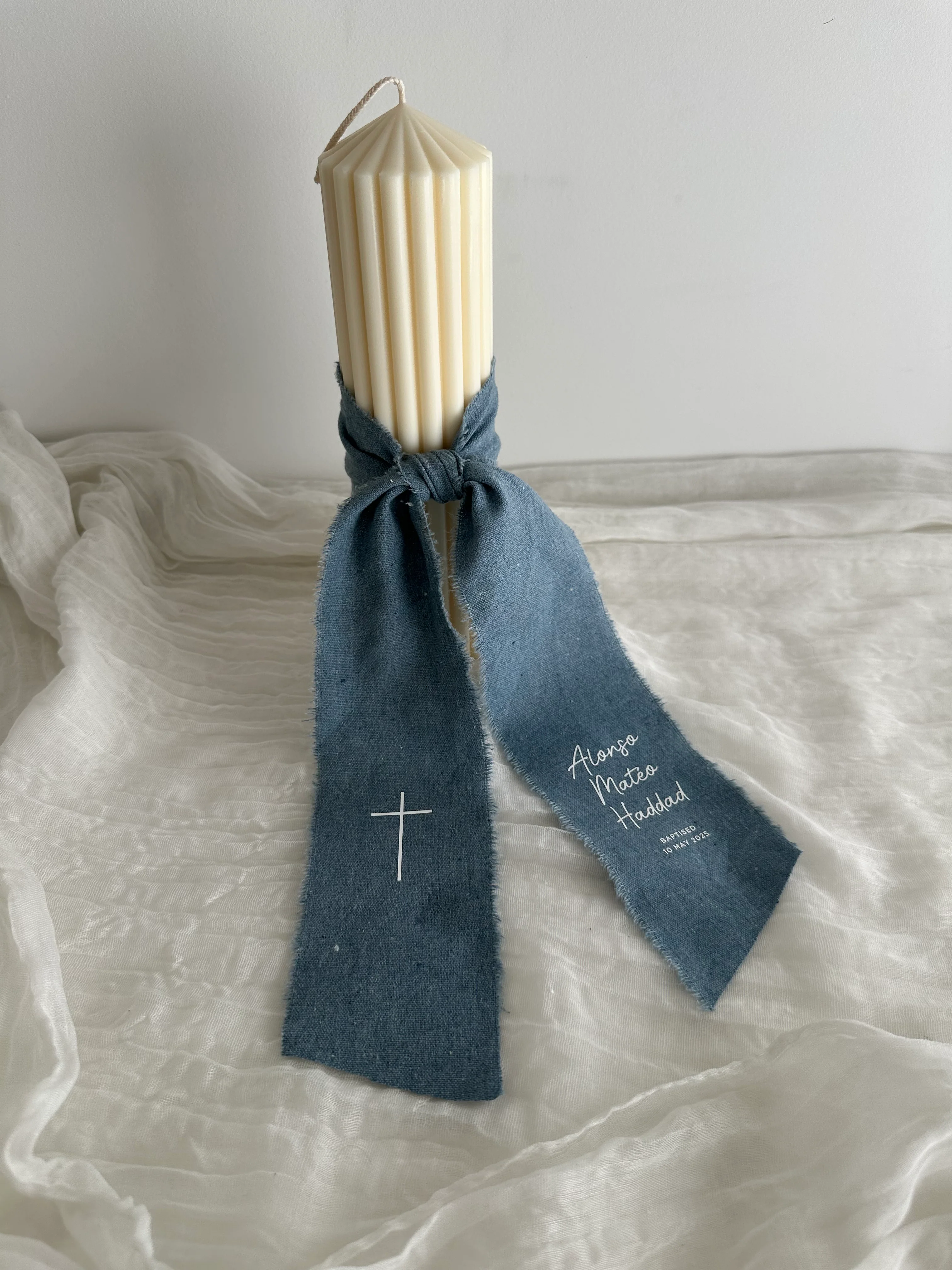 Ribbed Baptism Candle w/ Linen Printed Ribbon - Image 4