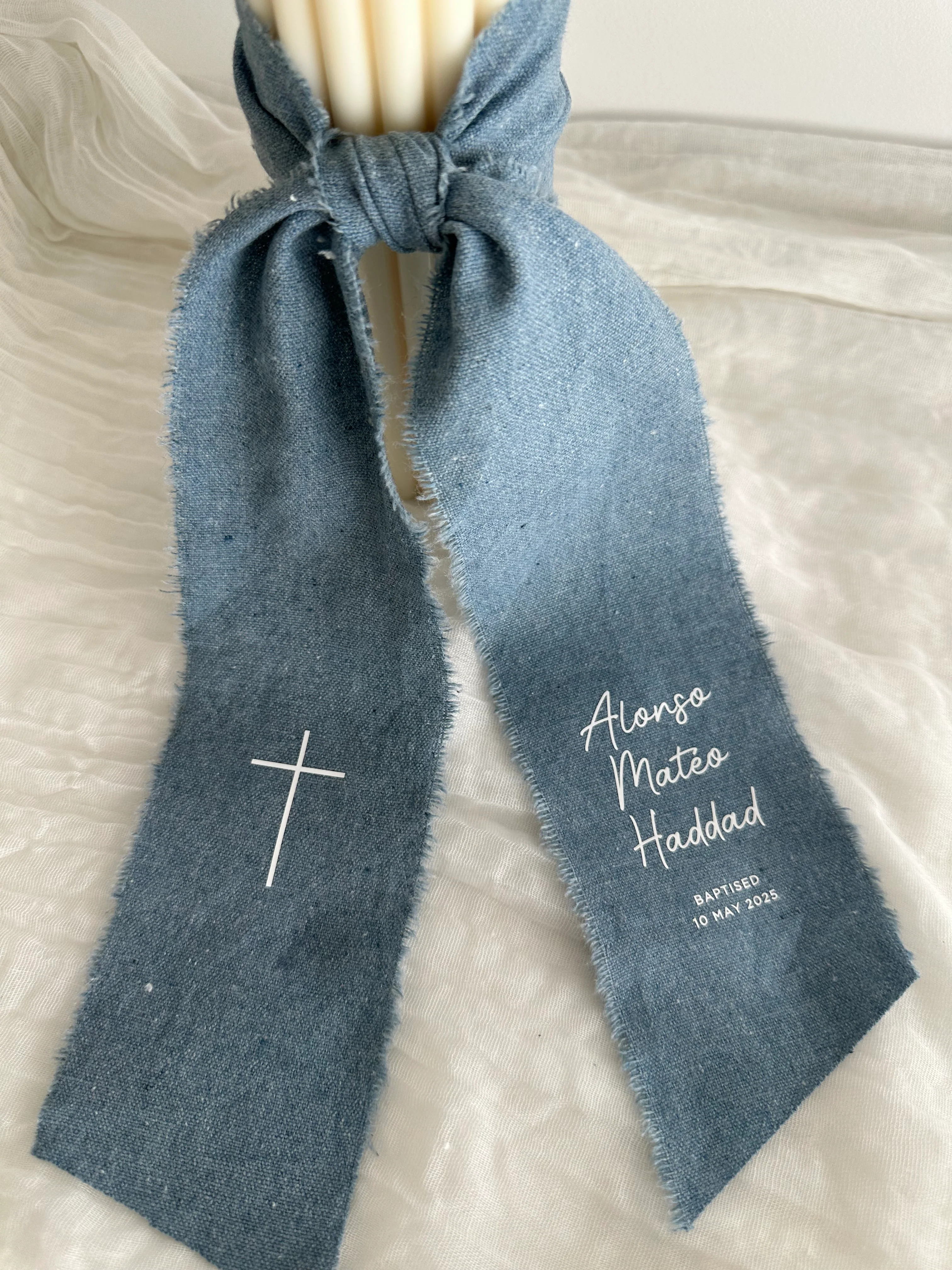 Ribbed Baptism Candle w/ Linen Printed Ribbon - Image 5