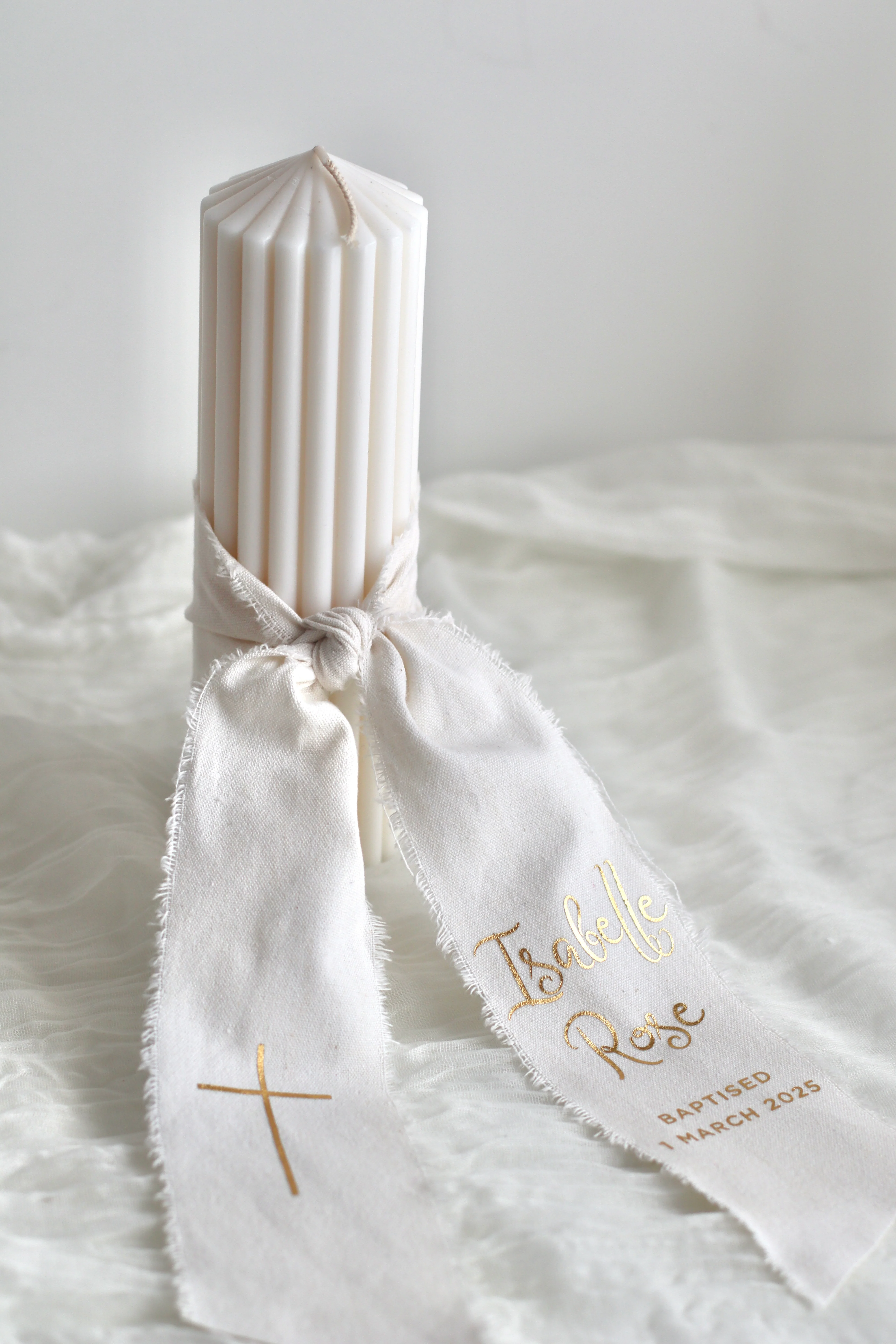 Ribbed Baptism Candle w/ Linen Printed Ribbon - Image 6