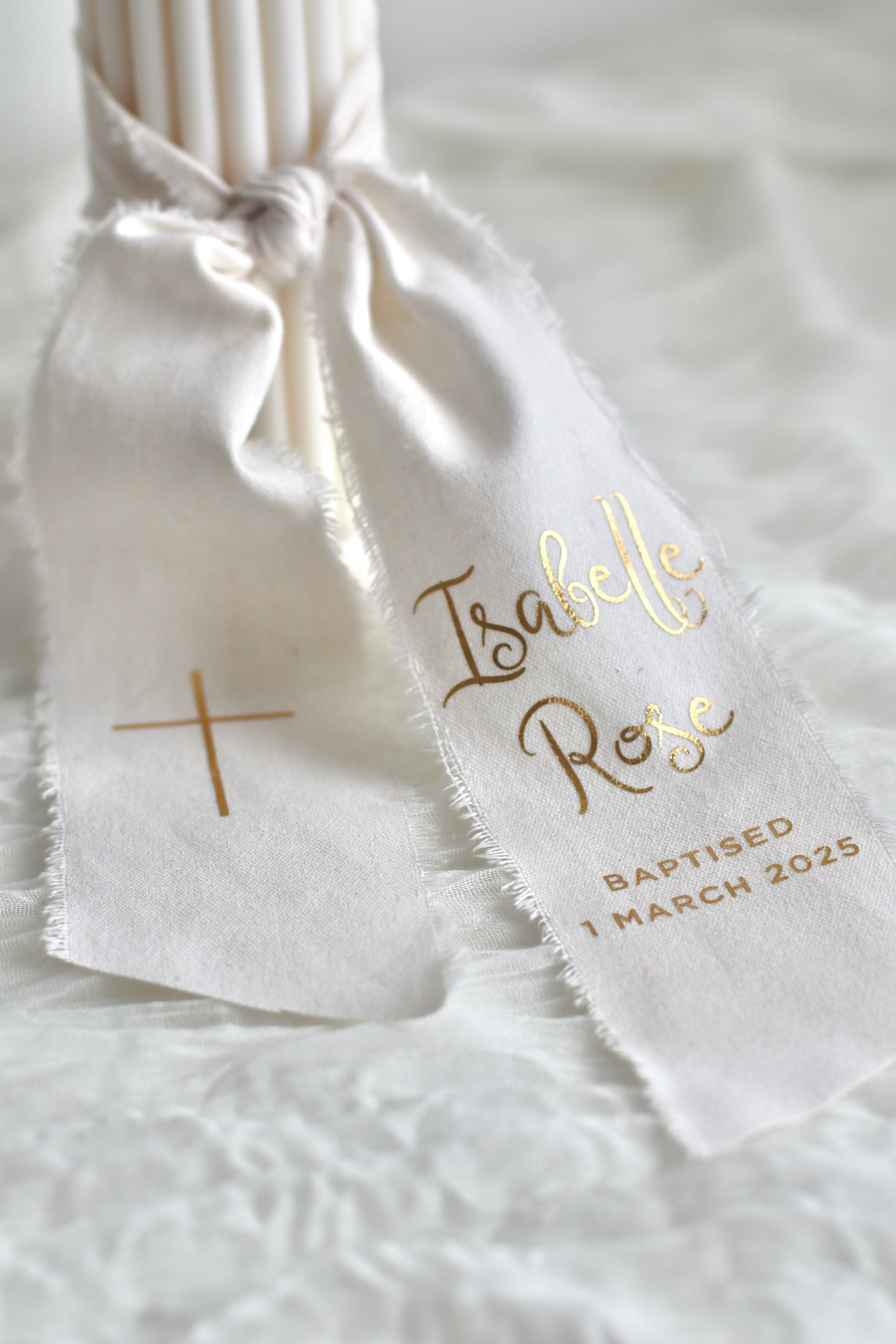 Ribbed Baptism Candle w/ Linen Printed Ribbon - Image 7