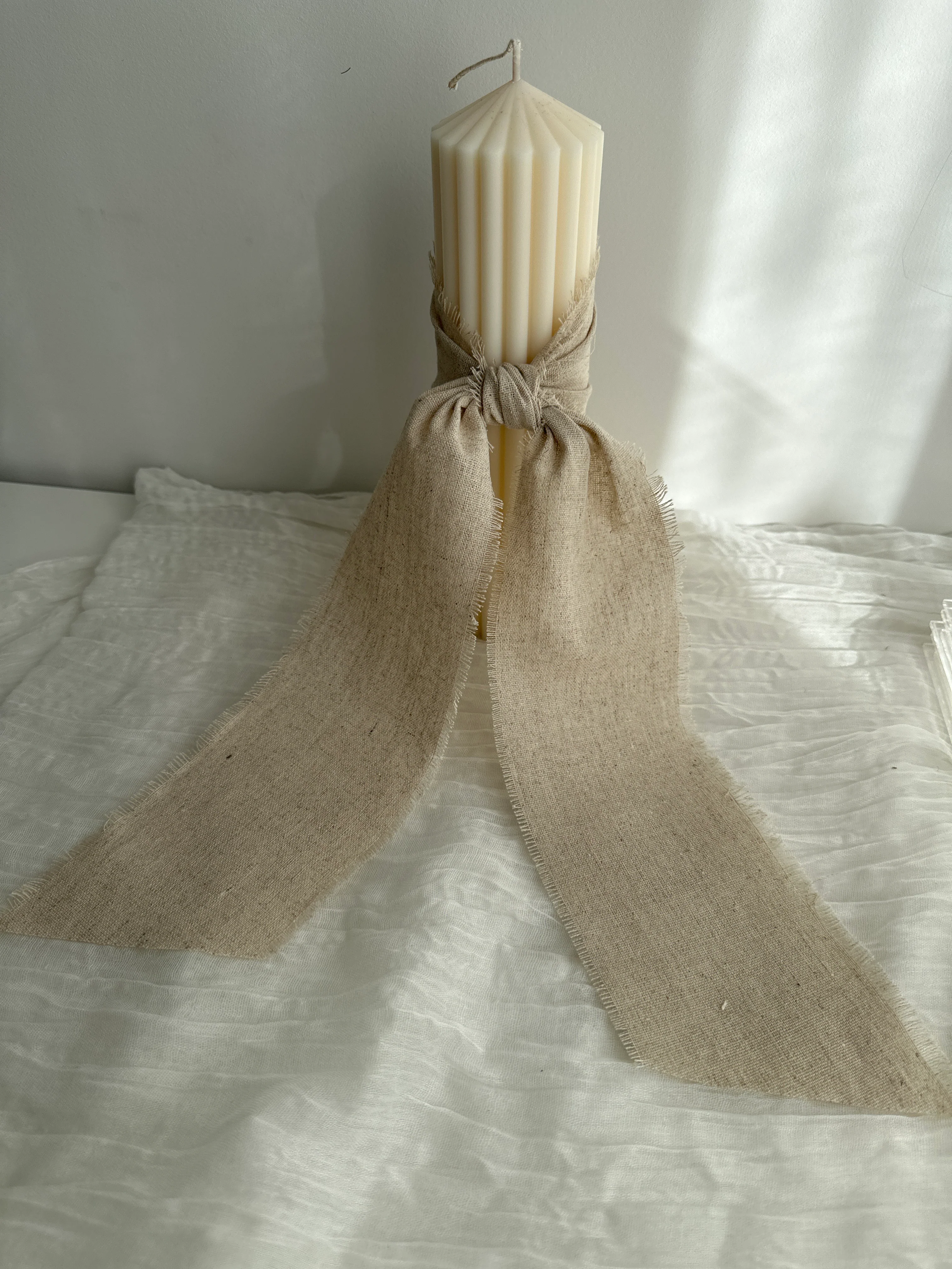 Ribbed Baptism Candle w/ Linen Printed Ribbon - Image 8