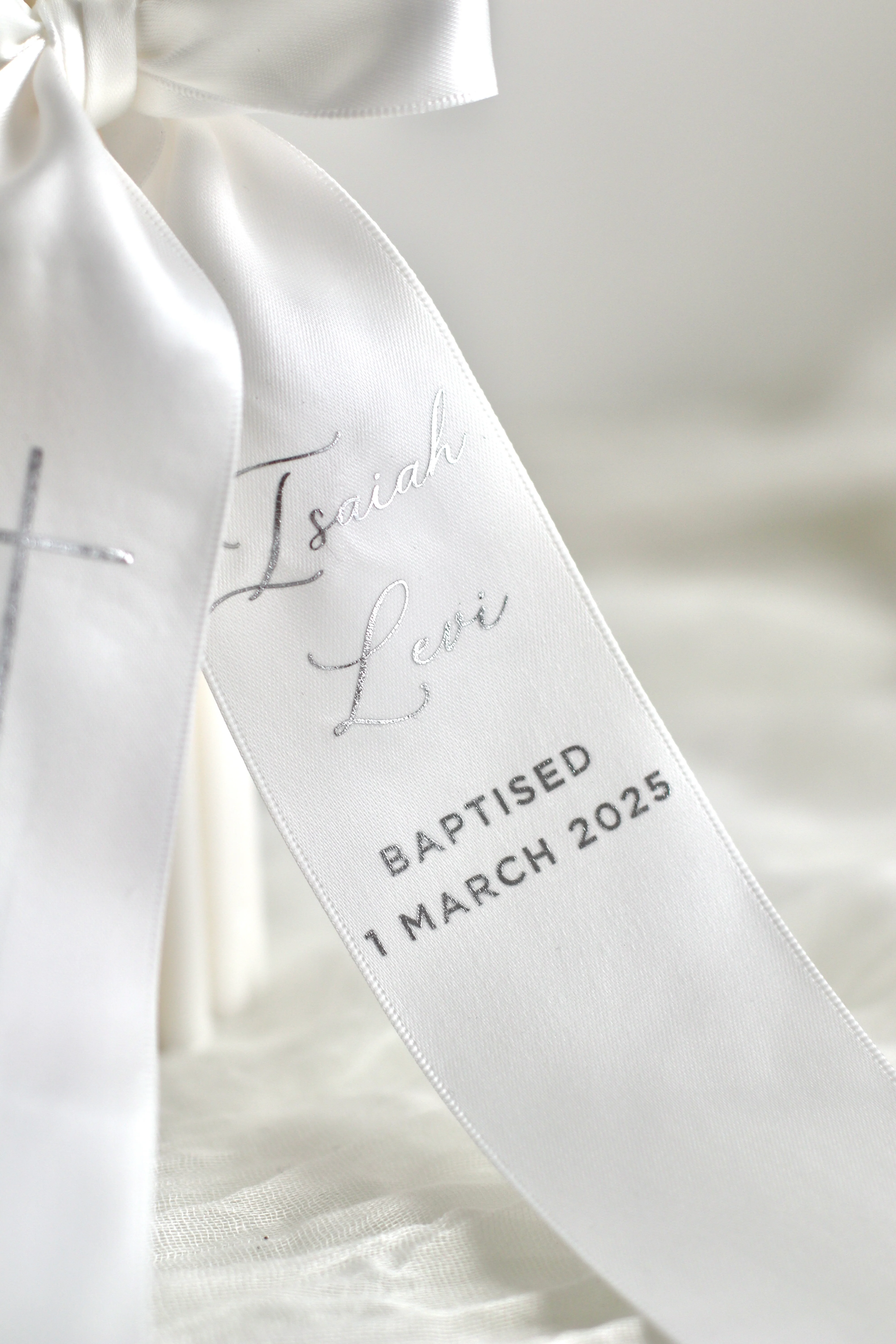 Ribbed Baptism Candle w/ Satin Printed Ribbon - Image 2