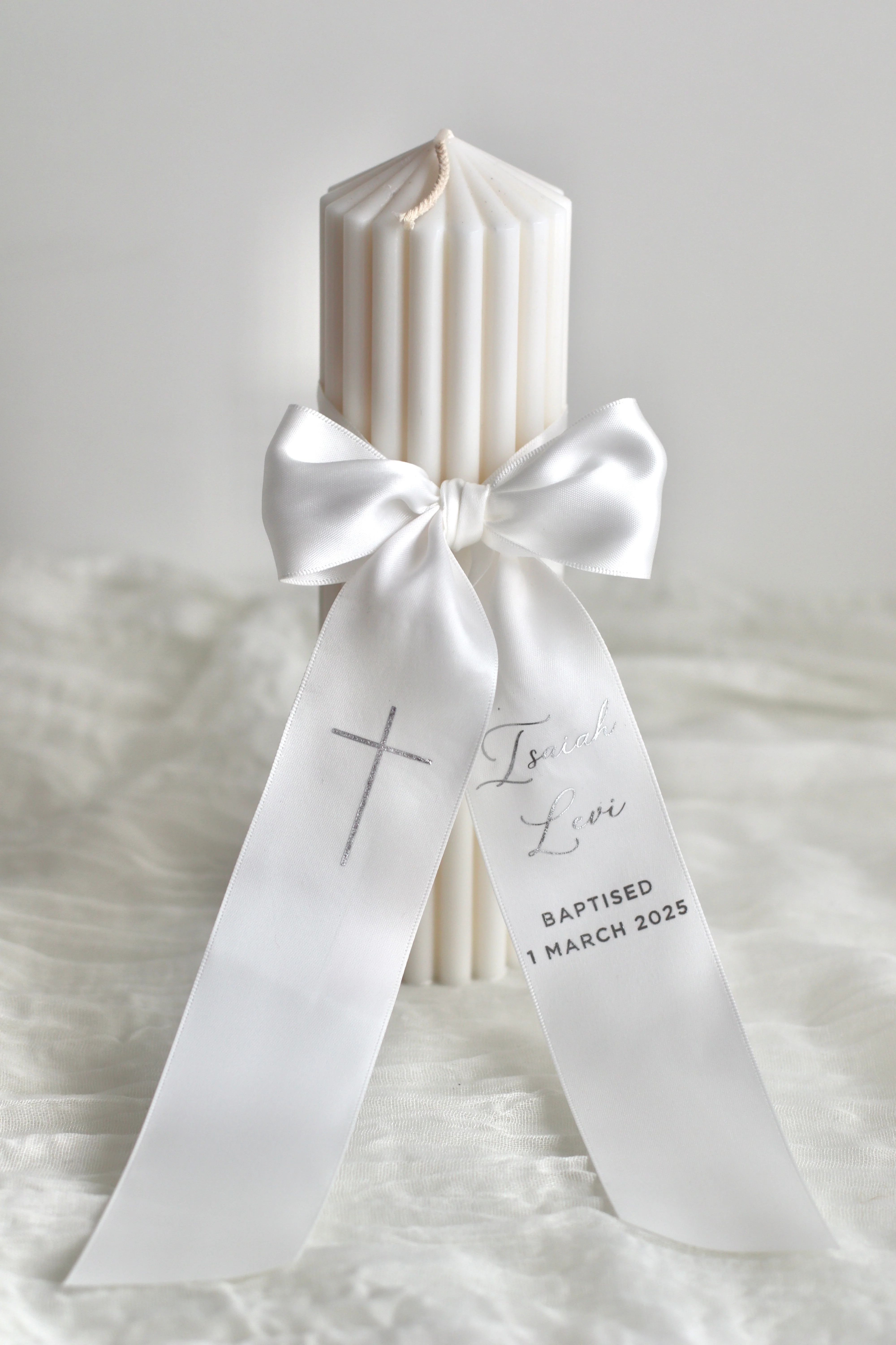 Ribbed Baptism Candle w/ Satin Printed Ribbon - Image 3