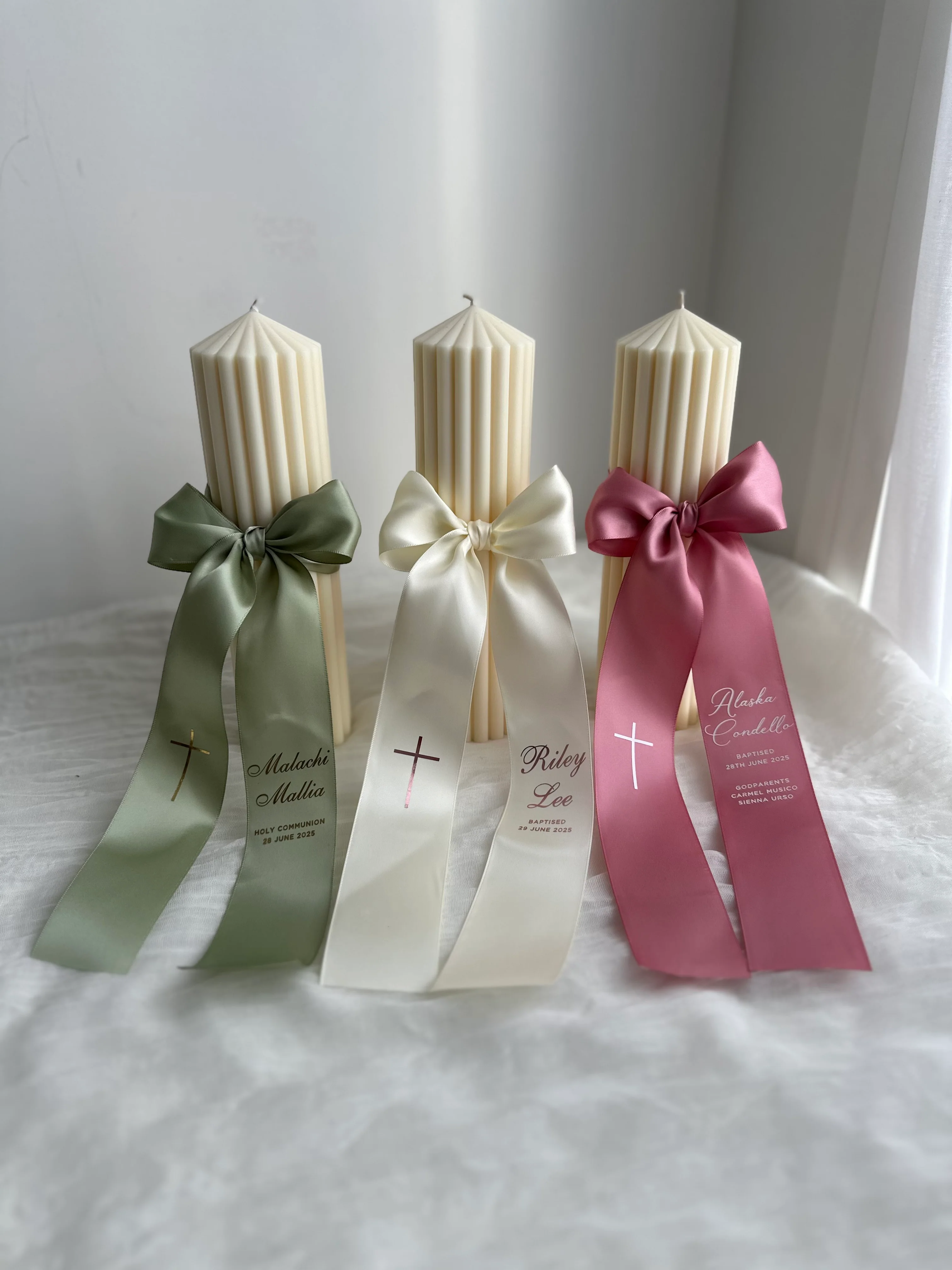 Ribbed Baptism Candle w/ Satin Printed Ribbon - Image 4