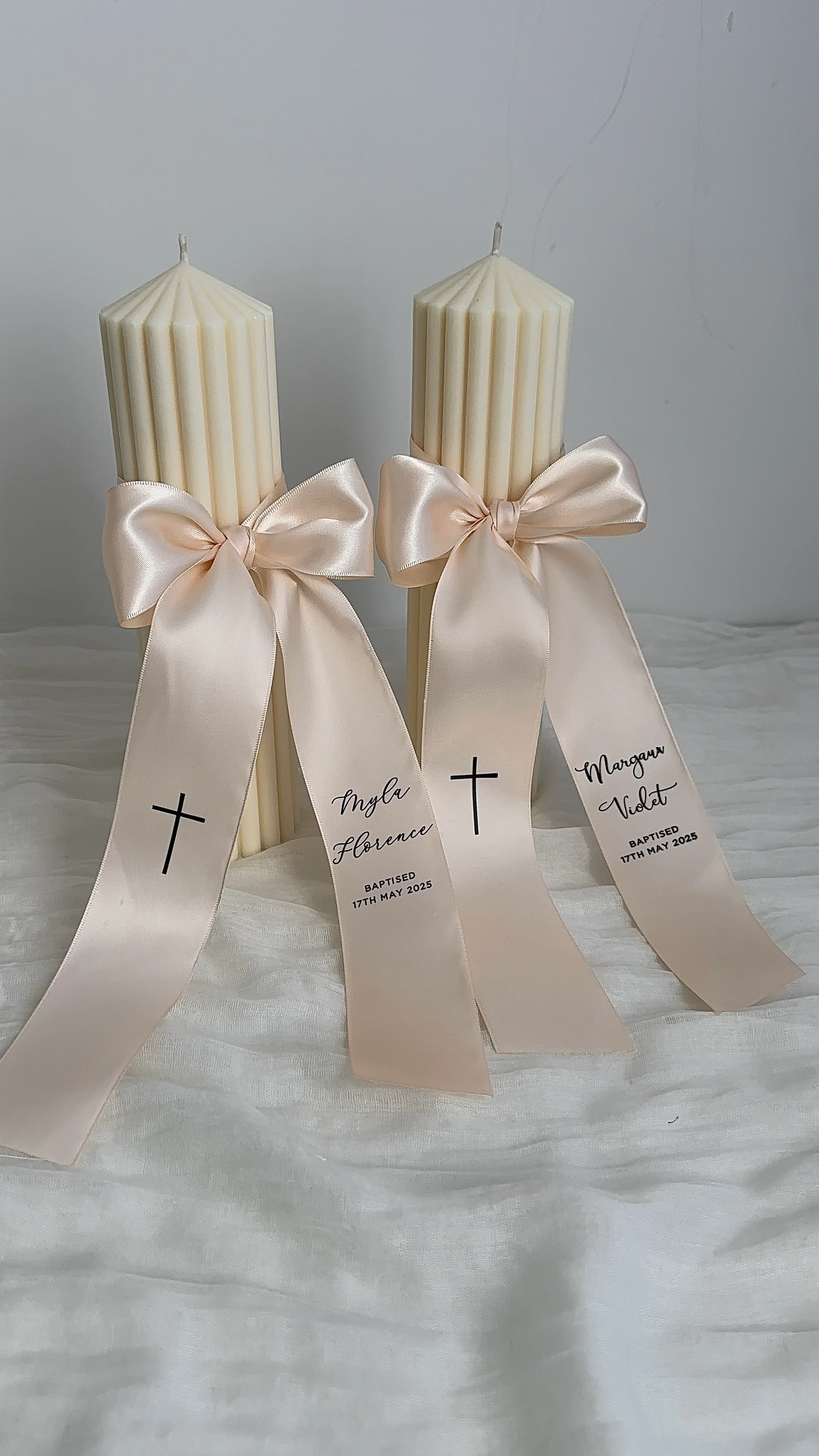 Ribbed Baptism Candle w/ Satin Printed Ribbon - Image 5