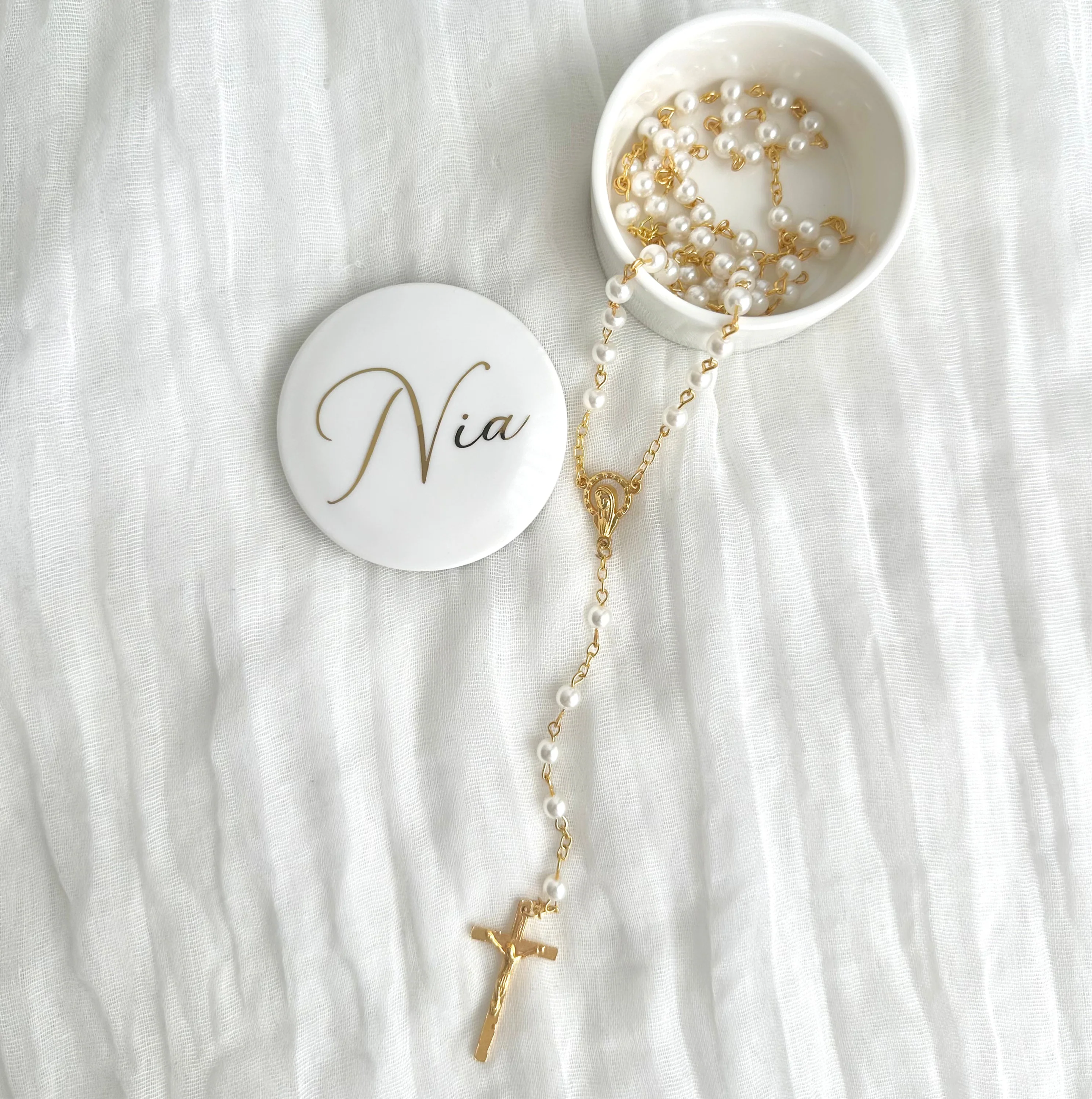 Round Pearl Rosary w/ Gold Hardware - Image 3